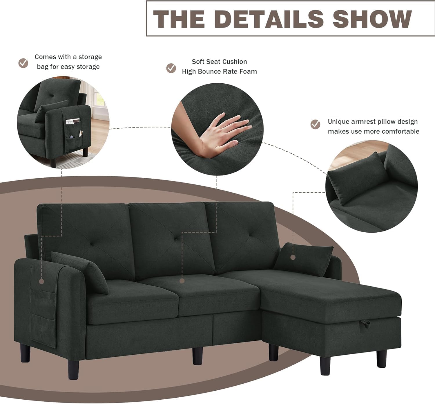 Convertible Sectional Sofa, 77' Small L Shaped 3 Seat Couch with Reversible Storage Chaise, Modern Polyester Fabric Sofa Couches for Living Room, Apartment and Small Space, Black