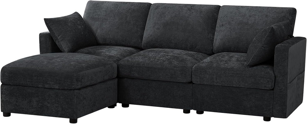 84 Inches Chenille 3-Seater Couch W/Movable Ottoman, Upholstered Sectional Sofa w/Soft Backrest, Modern Fabric L Shaped Couch w/Armrest Pillows for Living Room, Office, Black