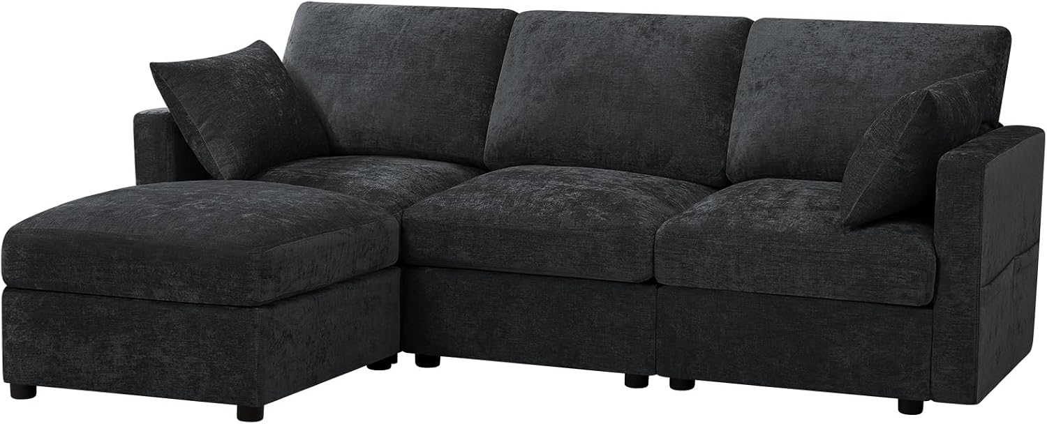 84 Inches Chenille 3-Seater Couch W/Movable Ottoman, Upholstered Sectional Sofa w/Soft Backrest, Modern Fabric L Shaped Couch w/Armrest Pillows for Living Room, Office, Black