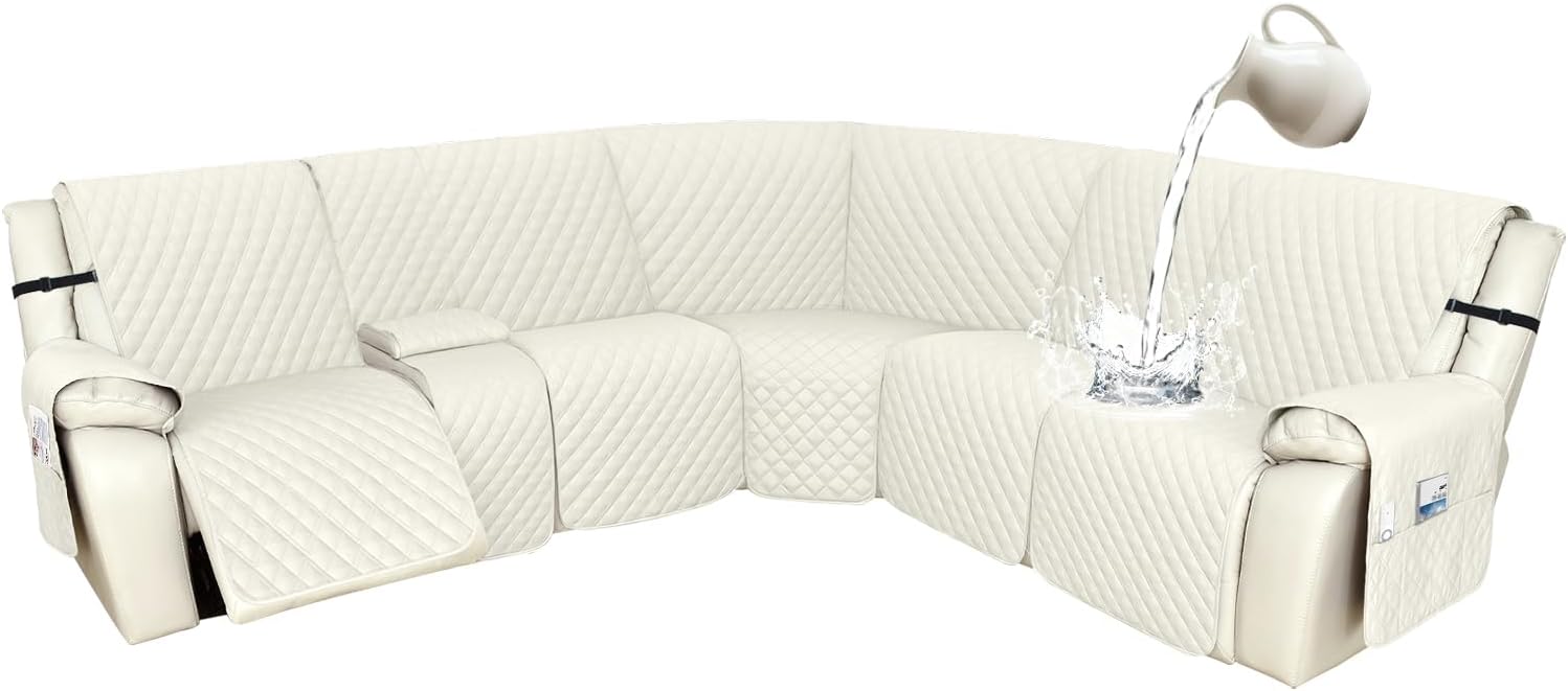 Arfntevss Recliner Sectional Couch Covers 1OO% Waterproof L Shape Sofa Cover for Reclining L Shaped Sectional Slipcover Dog Washable Corner Non Slip Protector (5 Seater with 1 Console, Cream White)