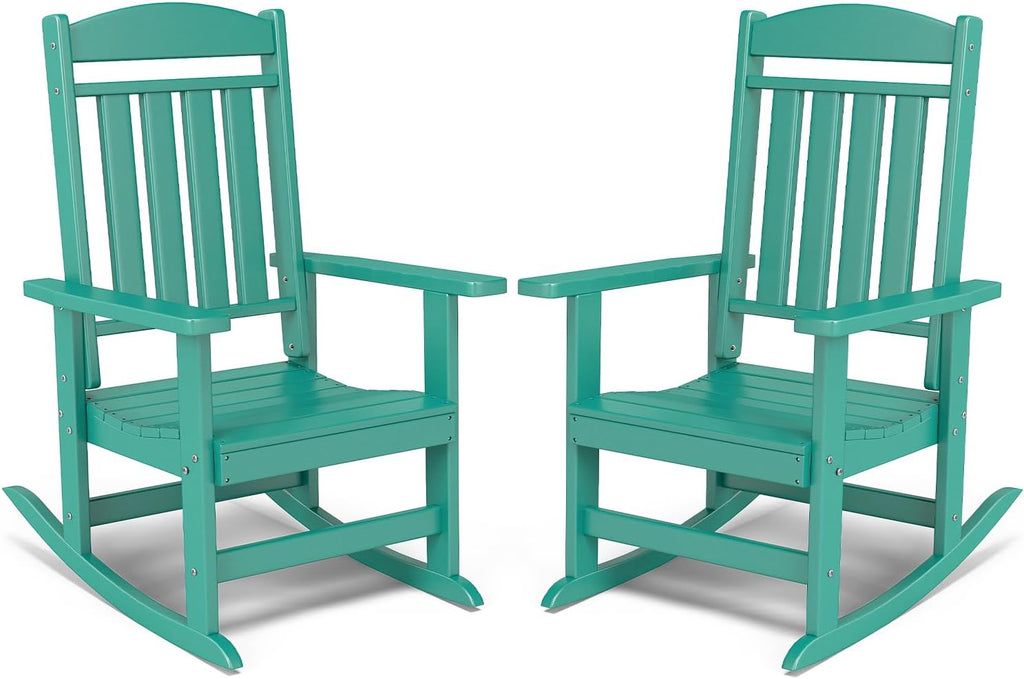 FOOWIN Outdoor Rocking Chair Set of 2, High Back Patio Rocking Chair, HDPE All Weather Resistant Porch Rocker for Adult, Oversized Rocking Chairs for Garden, Lawn, Indoor & Outdoor Use, Lake Blue