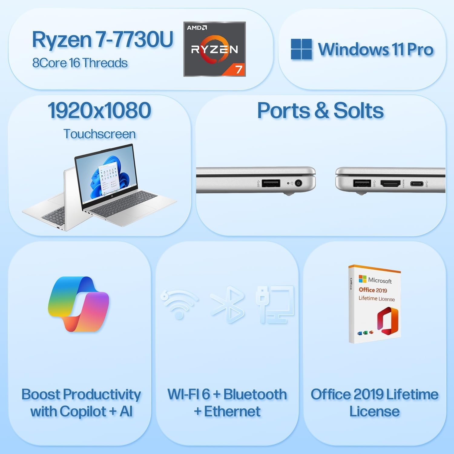 HP 15.6' FHD IPS Touchscreen Laptop, AMD Ryzen 7 7730U, 16GB RAM, 1TB SSD, AMD Radeon Graphics, Windows 11 Home, Wi-Fi 6, Long Battery Life, Office 2019 Lifetime License, Natural Silver