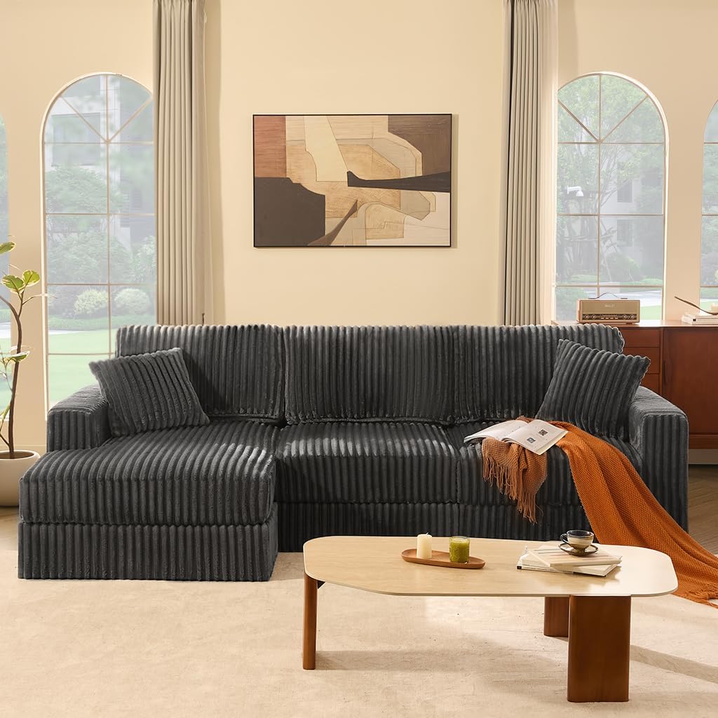 Cloud Couch 113' L-Shaped Couch (Not Boneless), 3-Seater Modular Sectional Couch, Queen Sofa with Corduroy Upholstery, Deep Seats, High Backrest & Pocket Spring Cushions, Left Facing Chaise, Grey