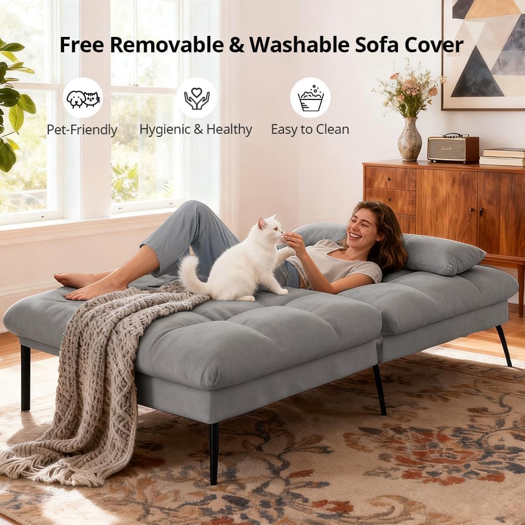 COMHOMA 72″ Futon Sofa Bed,Convertible Fabric Couch with Adjustable Backrest,Loveseat Recliner Sleeper Living Room Furniture futon Set (Grey)