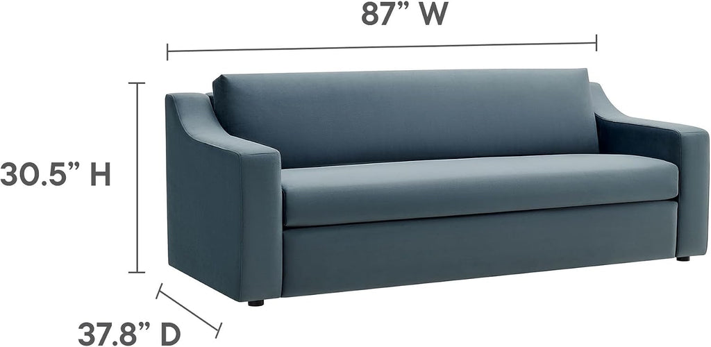 Modway Liora 87 Inch Stain-Resistant Performance Velvet Sofa in Cadet Blue - 3 Seater Upholstered Sofa Couch for Living Room Seating - Comfy Deep Seat Sofa with Scoop Arms
