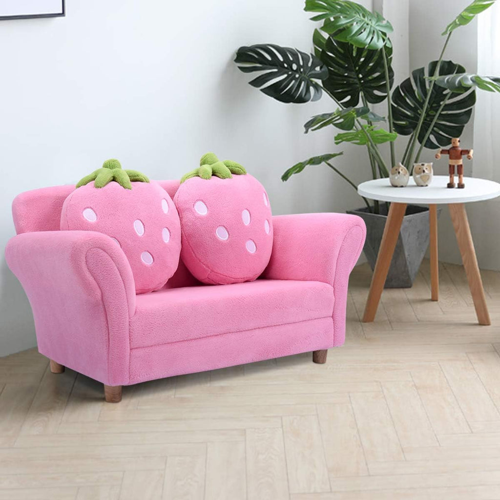 Costzon Kids Couch, Double Seat Pink Children's Sofa with 2 Strawberry Pillows, Toddler Armrest Chair for Bedroom, Living Room, Large Soft for Kids Loveseat for Baby Girls Pets Preschool Gifts