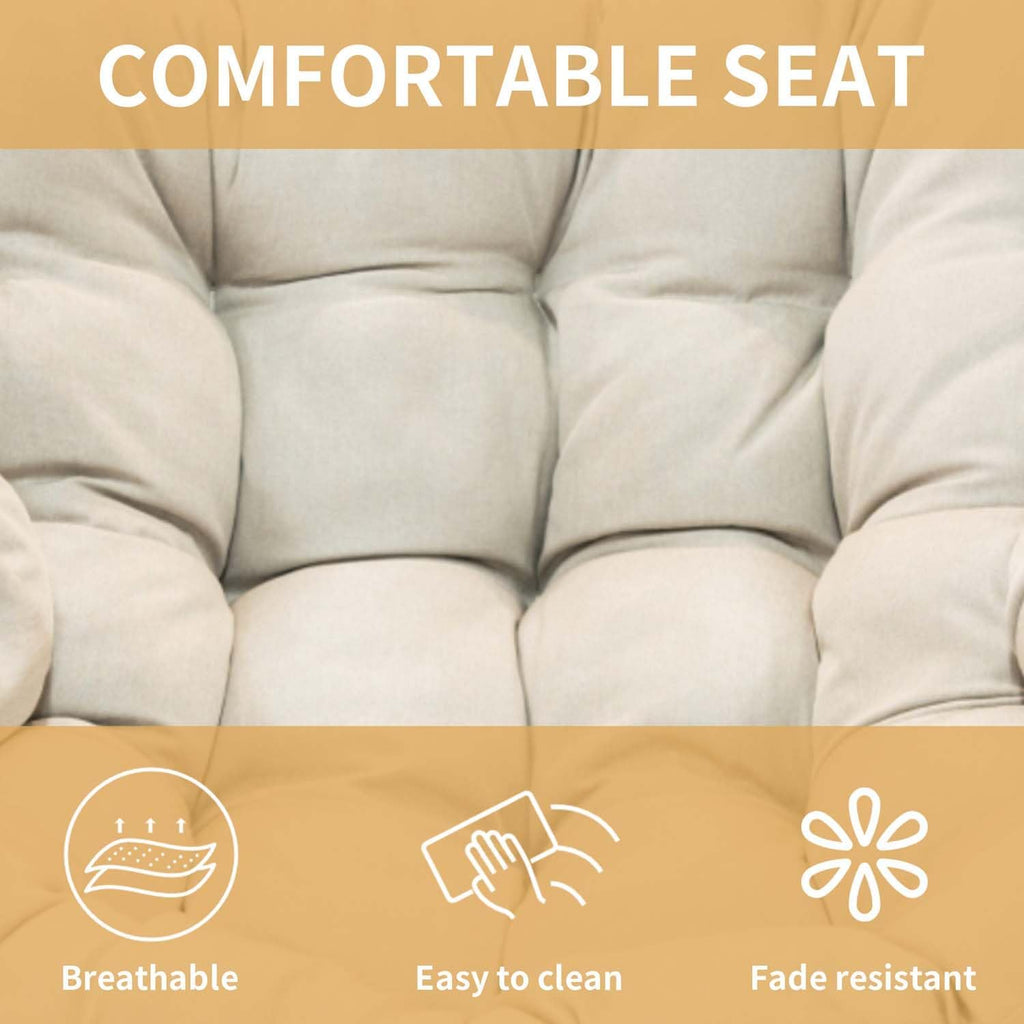 Rocking Papasan Chair Outdoor/Indoor, Oversized Wicker Recliner with Cushion and Frame, Comfy Round Royal Patio Rocking Chairs for Bedroom, Living Room, Balcony, Porch, Garden Xmas Gift (Beige+Black)