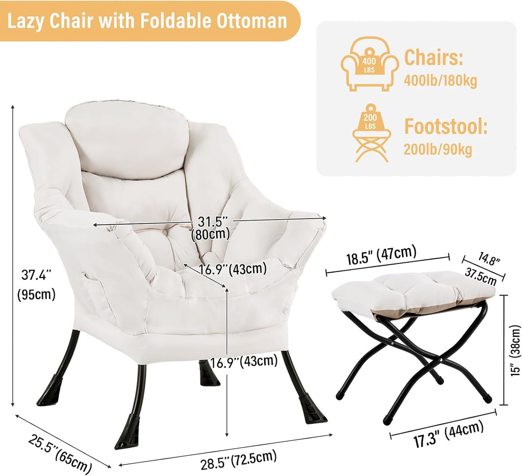 Furlide Lazy Chair with Ottoman, Modern Accent Chair with Armrests and a Side Pocket, Beige Accent Chairs, Reading Chairs, Oversized Armchairs for Bedroom, Study, Living Room, Courtyard