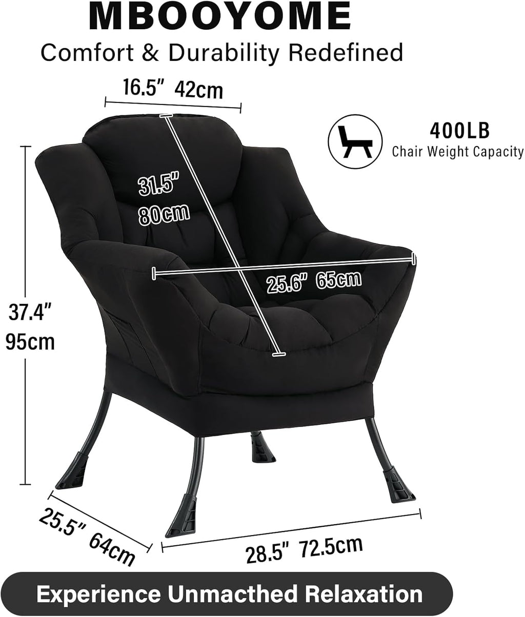 MBOOYOME Lazy Chair, Modern Soft Reading Chair Accent Contemporary Sofa Chair with Armrests and a Side Pocket for Living Room, Bedroom, Dorm & Office, Black