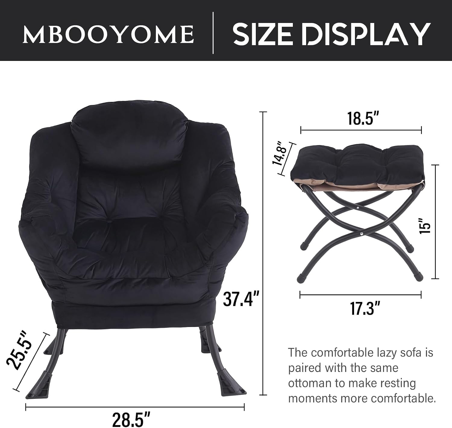 MBOOYOME Lazy Chair with Folding Ottoman, Modern Accent Lounge Armchair with Armrests, a Side Pocket & Foldable Footstool, Leisure Reading Chair for Living Room, Bedroom, Dorm & Office, Velvet Black