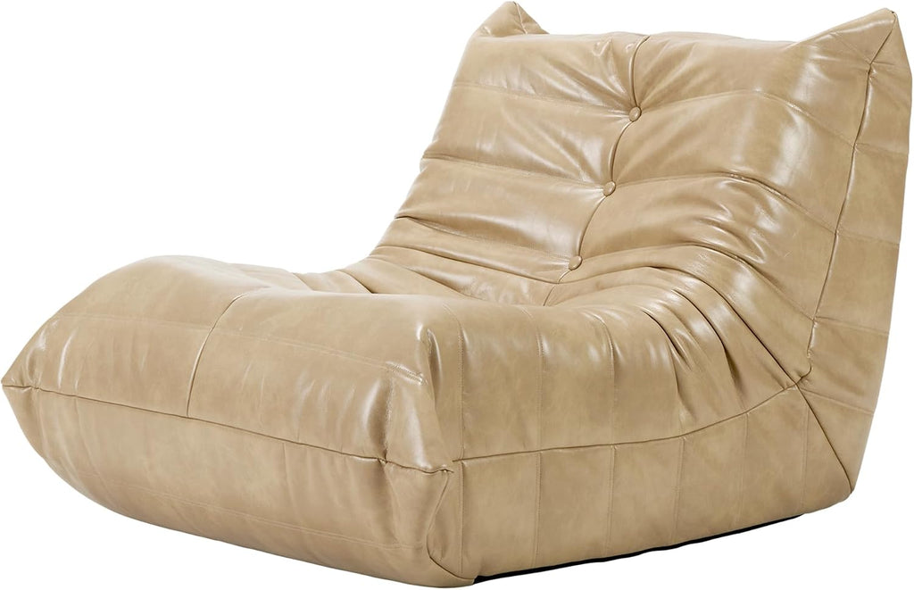 Hobestluk Giant Bean Bag Chair Lazy Floor Sofa, Memory Foam Fireside Sofa for Adults, Big Beanbag Faux Leather Armless Chair for Living Room Bedroom Dorm Office (Khaki, Single)