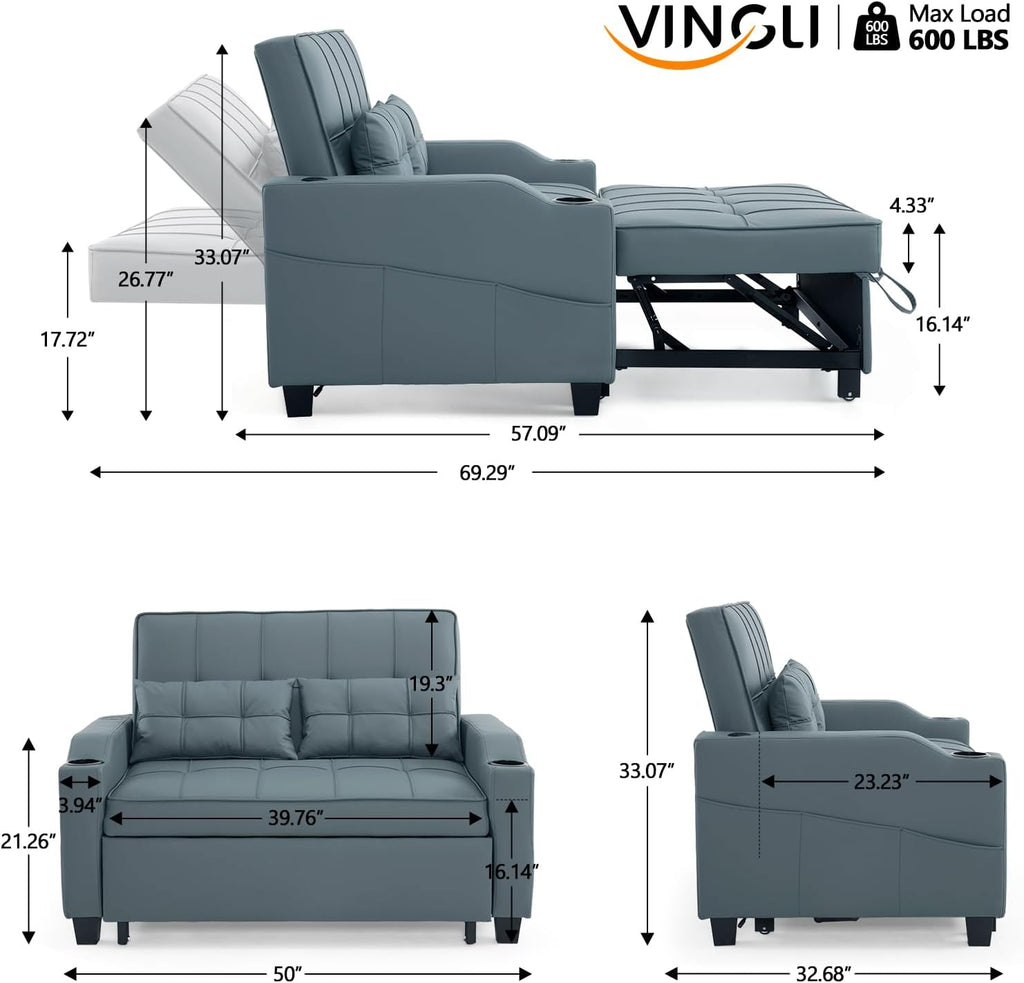 VINGLI Blue Grey Futon Sofa Bed Convertible Loveseat Sleeper Couch, Faux Leather Pullout Sofa Fold Out Couch Bed with USB Ports, Cup Holders, Armrest for Living Room, Bedroom Apartment Room