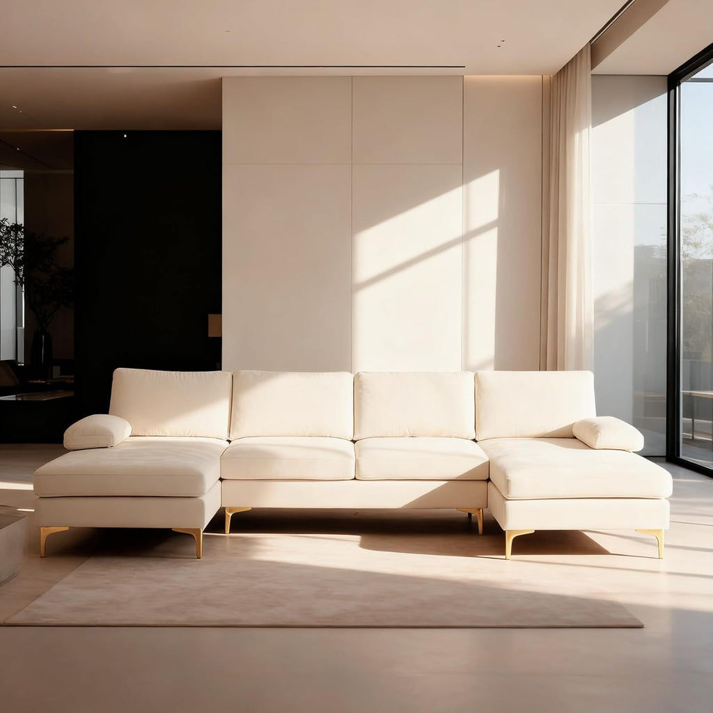 Karl home Convertible Sectional Sofa 110' U-Shape Sofa Couch 4-Seat Couch with Chaise ChenilleFabric Upholstered for Living Room, Apartment, Office, Creamy White
