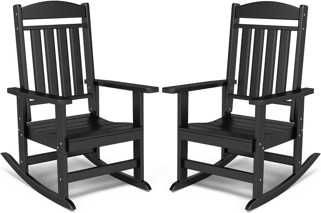 FOOWIN Outdoor Rocking Chair Set of 2, High Back Patio Rocking Chair, HDPE All Weather Resistant Porch Rocker for Adult, Oversized Rocking Chairs for Garden, Lawn, Indoor & Outdoor Use, Black