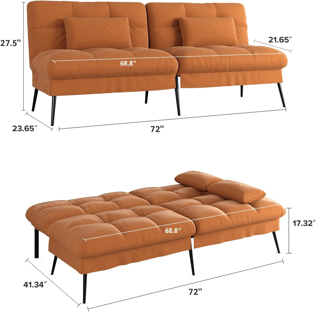 COMHOMA Convertible Sofa Bed,72″Fabric Couch with Adjustable Backrest,Loveseat Recliner Sleeper Living Room Furniture futon Set (Brown)
