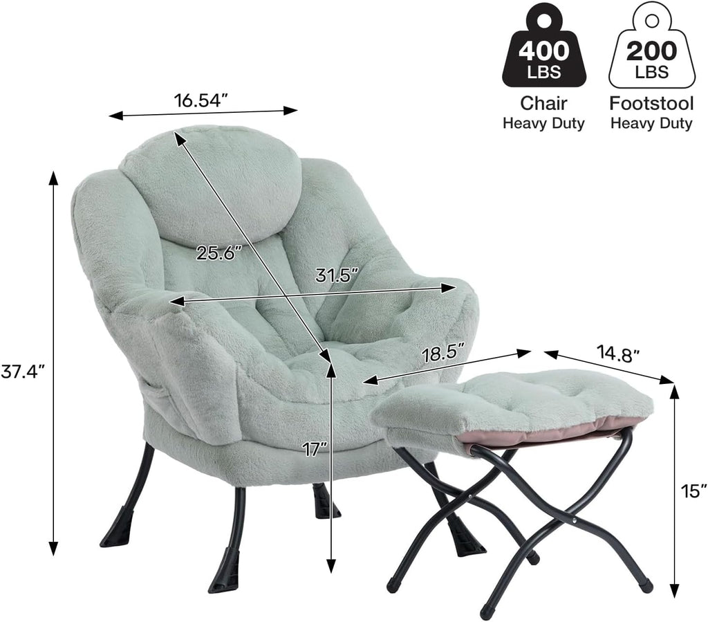 HollyHOME Lazy Chair with Foldable Ottoman, Accent Comfy Lounge Armchair and Folding Footrest Stool, Leisure Sofa Reading Chair and Footstool for Living Room, Bedroom, Dorm,Faux Fur Pea Green