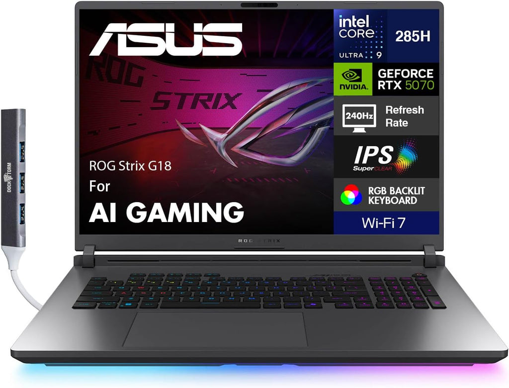ASUS ROG Strix G18 Gaming Laptop 18' 240Hz WQXGA IPS Nebula Display (Intel Ultra 9-275HX, GeForce RTX 5070 8GB, 32GB DDR5, 2TB SSD, Per-Key RGB, Thunderbolt 4, Win 11 Pro) w/DKZ USB Port Expander