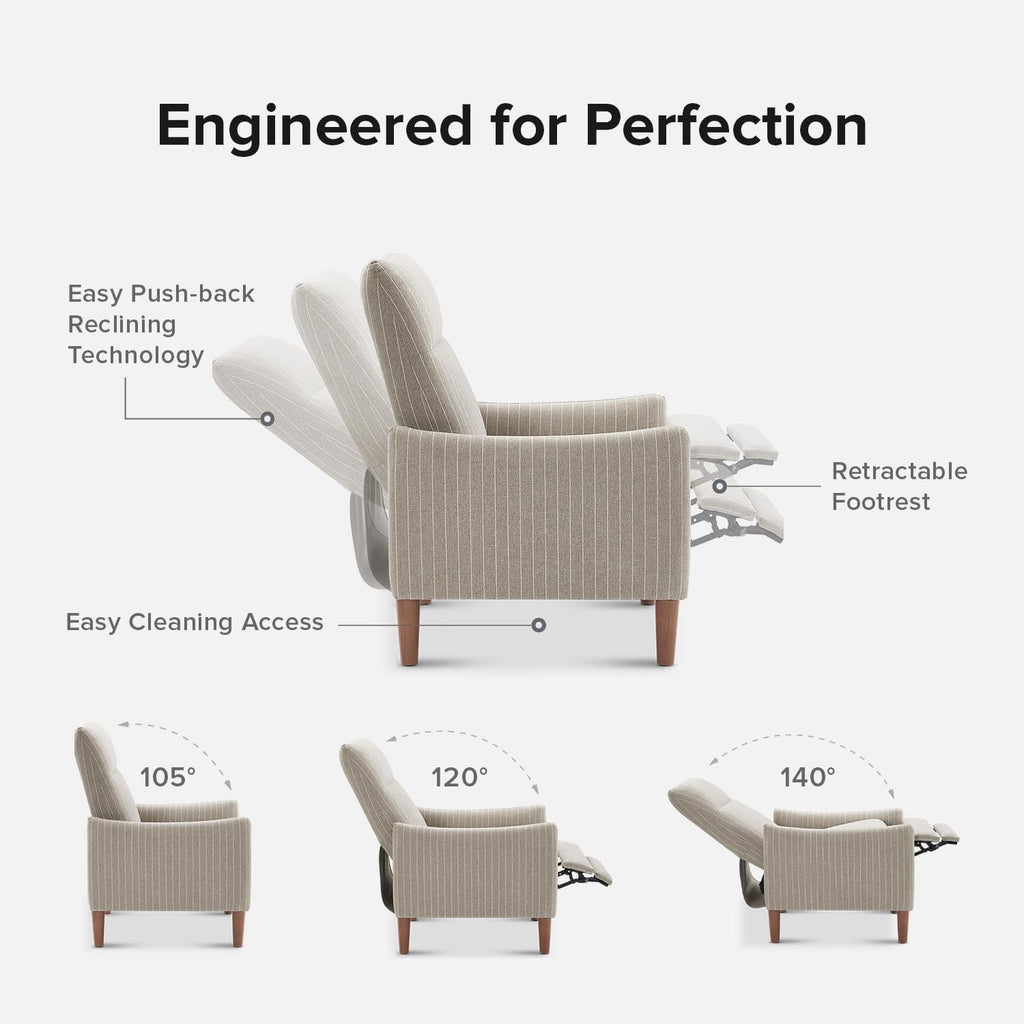 mopio Arthur Recliner Chair with 3 Positions, Accent Armchair, Mid Century Modern Reading Chair, High Back Padded Support Comfy Sleeper Armchair (Jacquard Taupe Stripe)