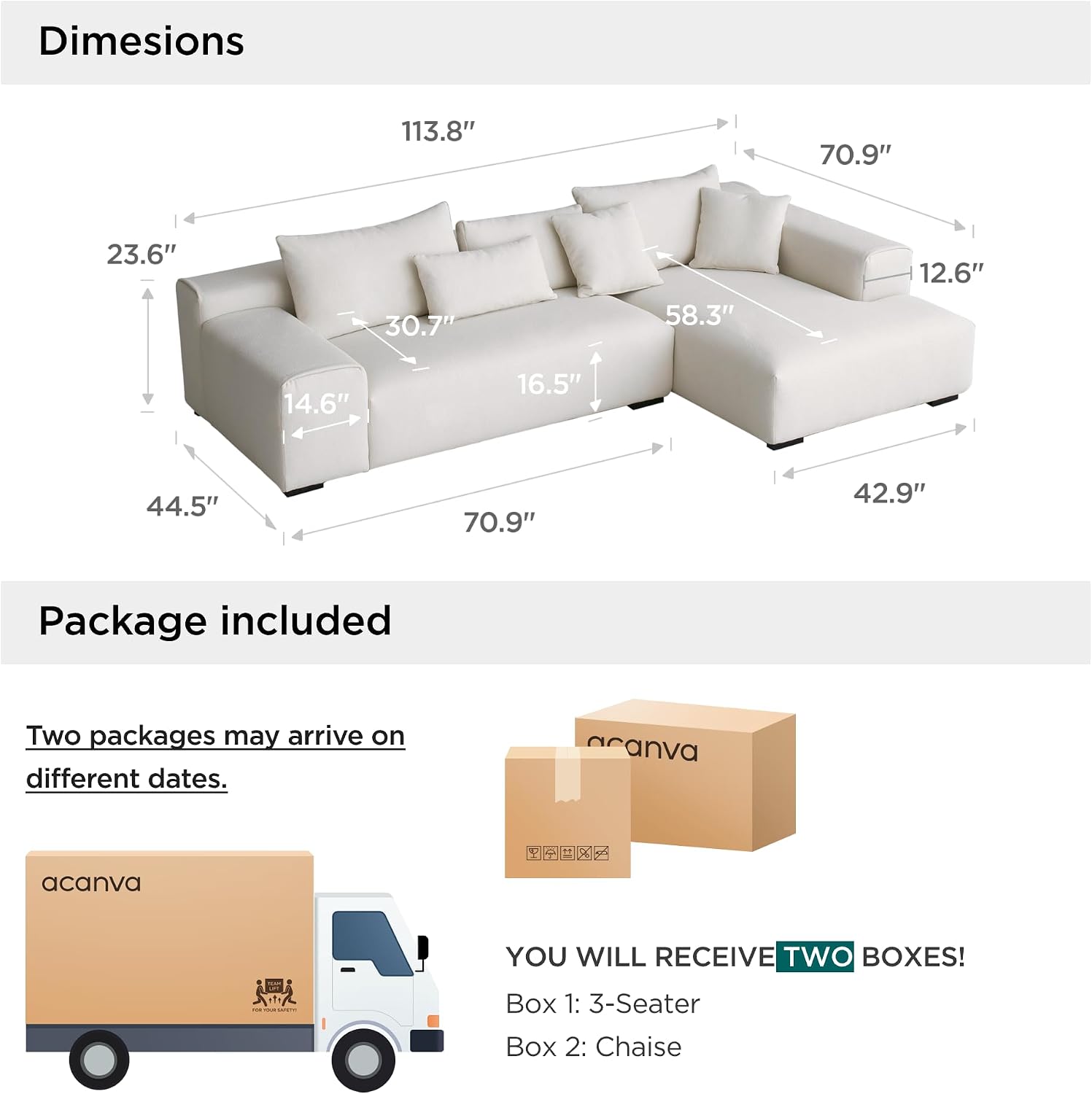 Acanva Modern Oversized Modular L Shaped Sectional Sofa Set for Living Room, Minimalist Style Comfy 4-Seat Corner Couch, Right Chaise, Wool-Like
