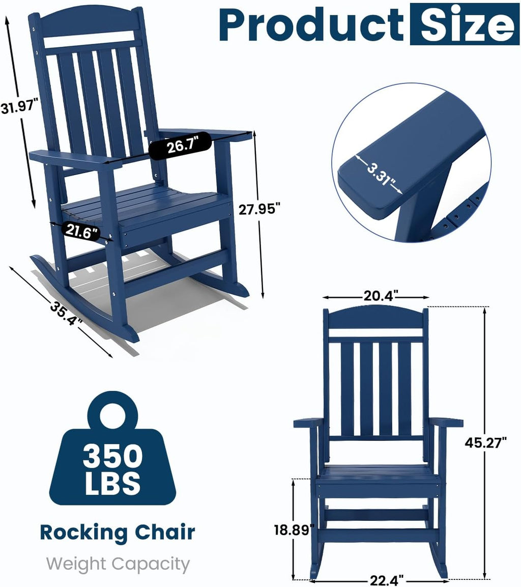 FOOWIN Outdoor Rocking Chair Set of 2, High Back Patio Rocking Chair, HDPE All Weather Resistant Porch Rocker for Adult, Oversized Rocking Chairs for Garden, Lawn, Indoor & Outdoor Use, Navy Blue