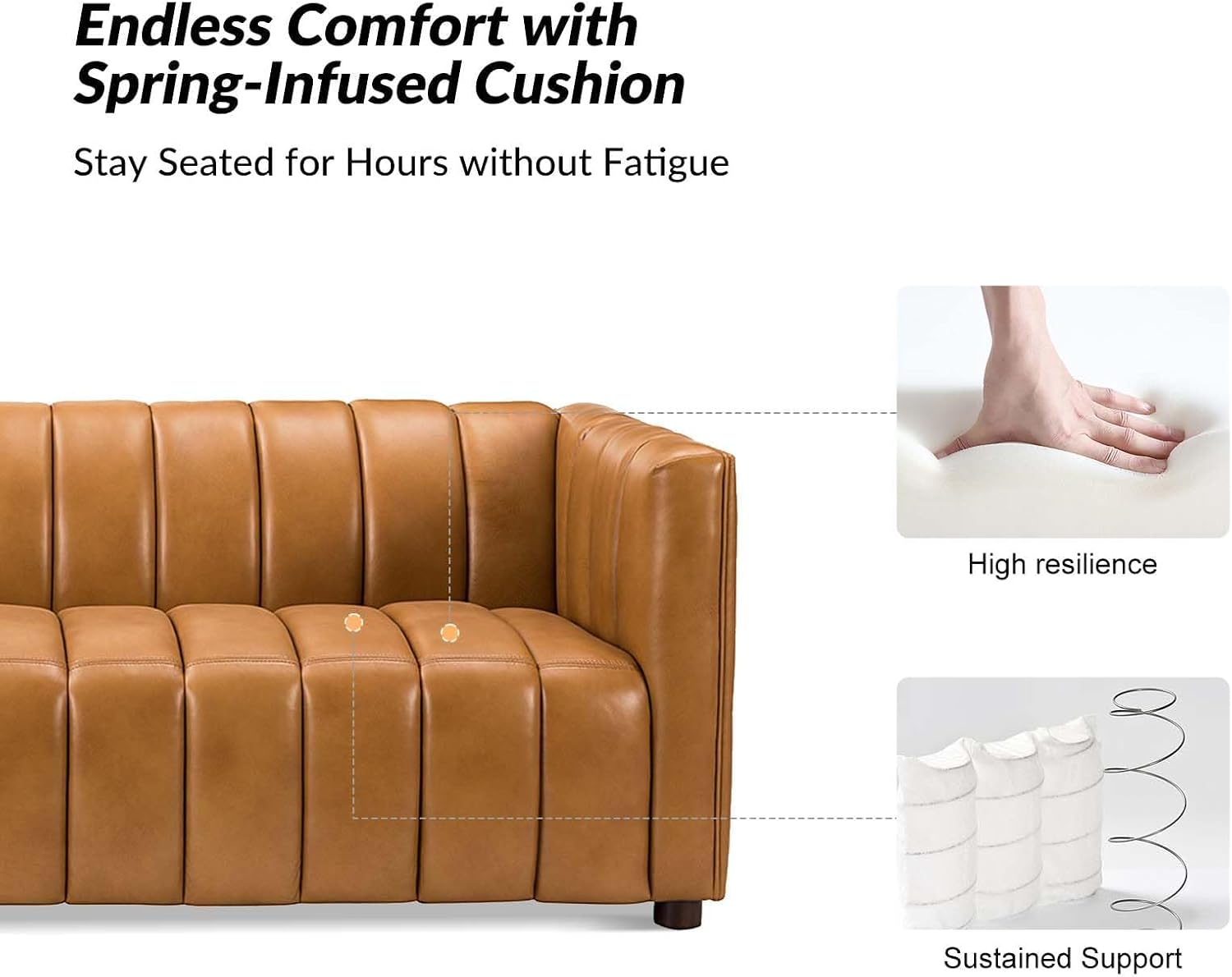 HULALA HOME 83' Genuine Leather Sofa with Channel Tufted Design, 3-Seater Sofa for Living Room Bedroom, Modern Oversized Couch with Wood Legs, Camel