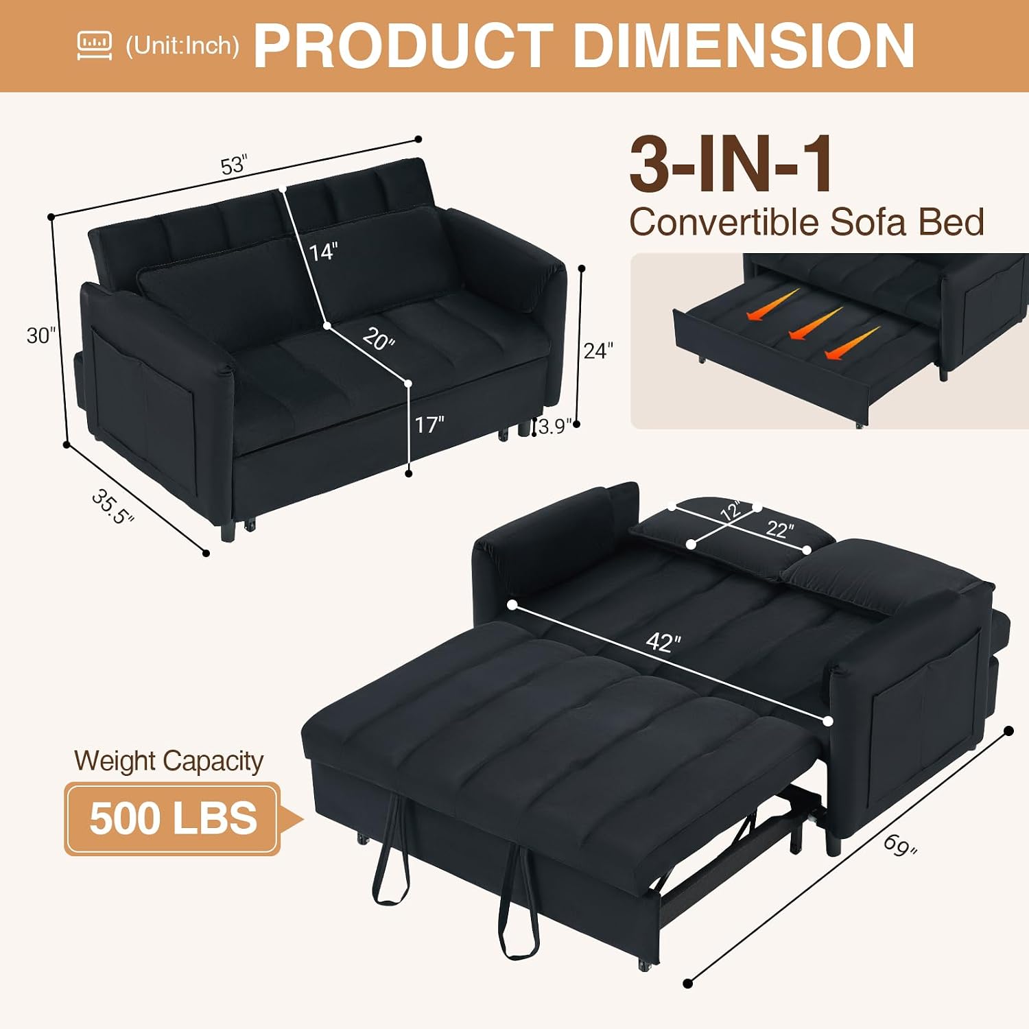 CAPCAEK 3 in 1 Convertible Sleeper Sofa Bed, Modern Velvet Loveseat Pull-Out Couch w/Pullout Bed, Small Love Seat Lounge Sofa w/Reclining Backrest,Toss Pillows, Pockets, for Living Room