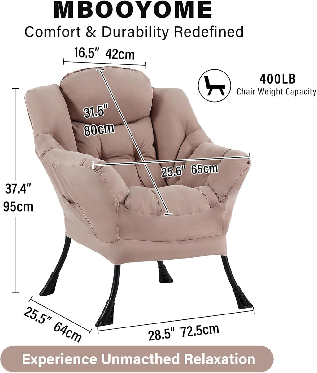 MBOOYOME Lazy Chair, Modern Soft Reading Chair Accent Contemporary Sofa Chair with Armrests and a Side Pocket for Living Room, Bedroom, Dorm & Office, Khaki