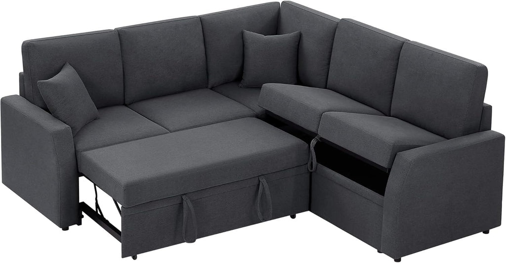 VanAcc Sofa Bed, 85 Inch Sleeper Couch with Storage Seat, L Shaped Sofa with Pull Out Sofa Bed, Sectional Couches for Living Room Apartment, Grey Linen Couch Sofa