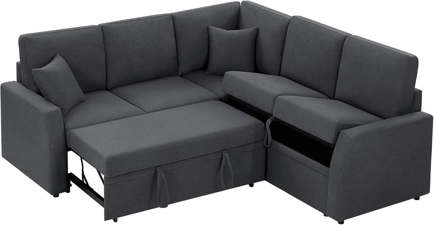 VanAcc Sofa Bed, 85 Inch Sleeper Couch with Storage Seat, L Shaped Sofa with Pull Out Sofa Bed, Sectional Couches for Living Room Apartment, Grey Linen Couch Sofa