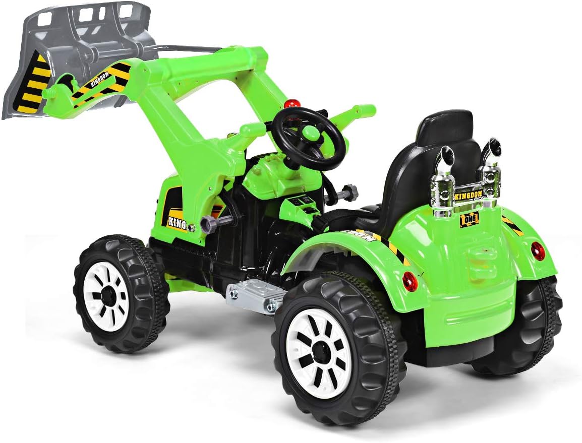Costzon Ride on Excavator, 12V Battery Powered Construction Vehicles for Kids with Front Loader, Horn, Safety Belt, Treaded Wheels, Ride on Bulldozer Truck, Excavator Ride on Toy Gift for Boys Girls