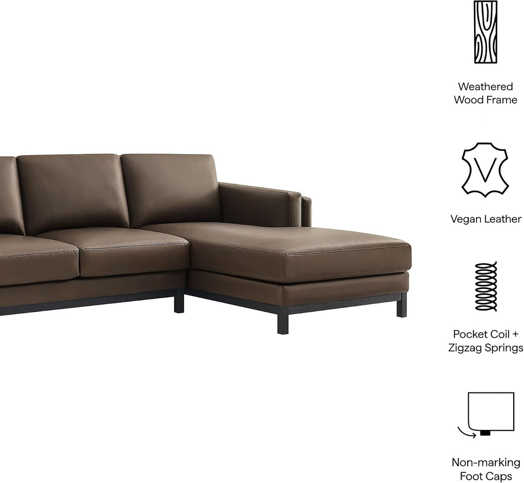 Modway Roscoe Right-Facing Sectional Sofa with Chaise in Espresso - 2-Piece Faux Leather Upholstered Deep Seat Couch, L Shaped Modular for Living Room or Lounge