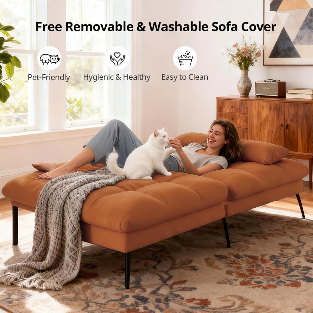 COMHOMA 72″ Futon Sofa Bed,Convertible Fabric Futons Couch with Adjustable Backrest, Folding Sleeper Recliner for Living Room Furniture (Orange)