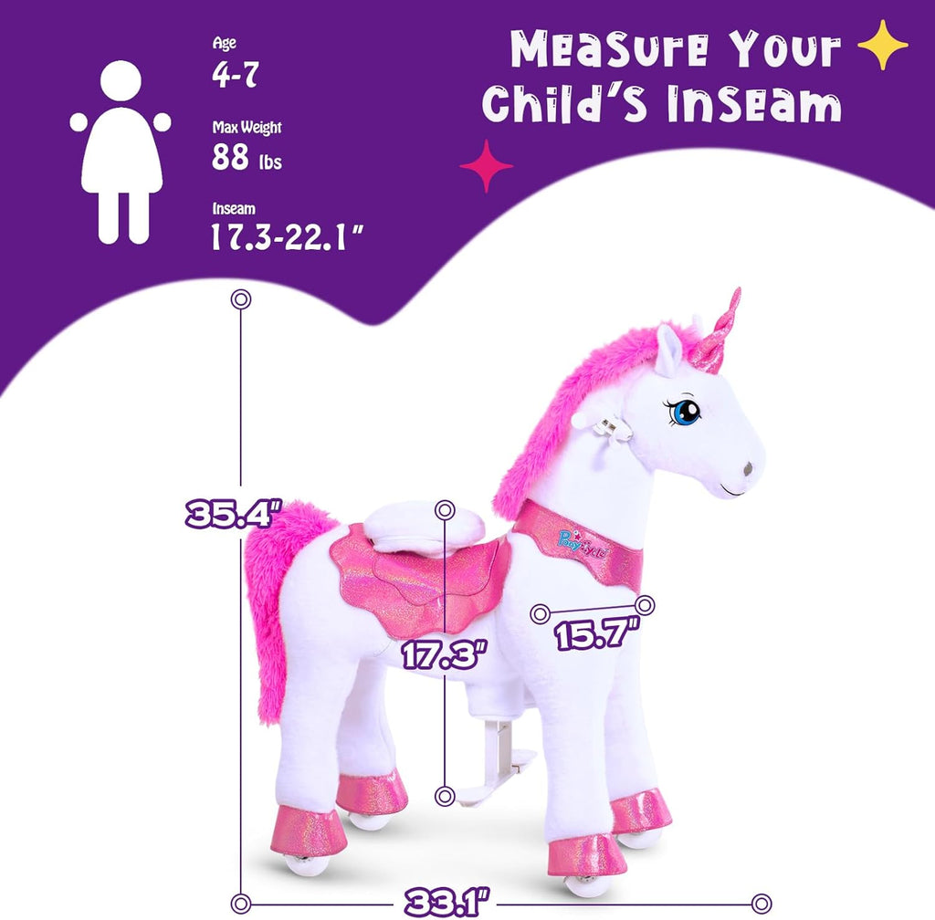 PonyCycle Unicorn Ride on Toys for Girls Horse Spirit Toys No Battery Required Size 4 for Kids Age 4-8/35.4' Height Birthday Gifts Plush Walking Animal Giddy up Riding Pony Pink E412