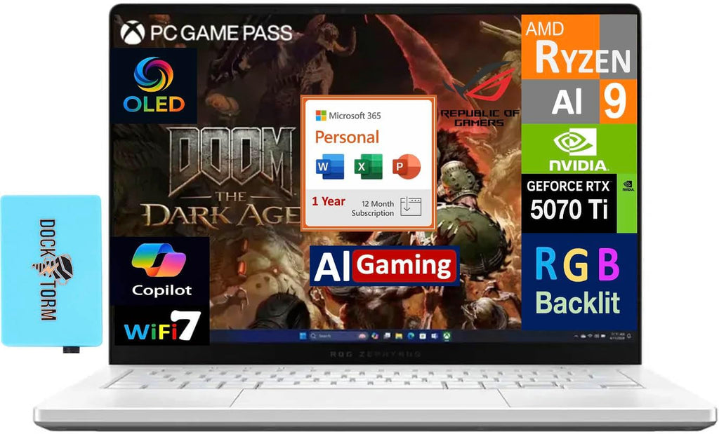 ASUS ROG Zephyrus AI Gaming Laptop 14.0' 120Hz OLED 2.8K Display (AMD Ryzen AI 9 HX 370, GeForce RTX 5070 Ti 12GB, 32GB LPDDR5X, Win 11 Pro) with MS 365 Personal, DKZ USB Port Expander