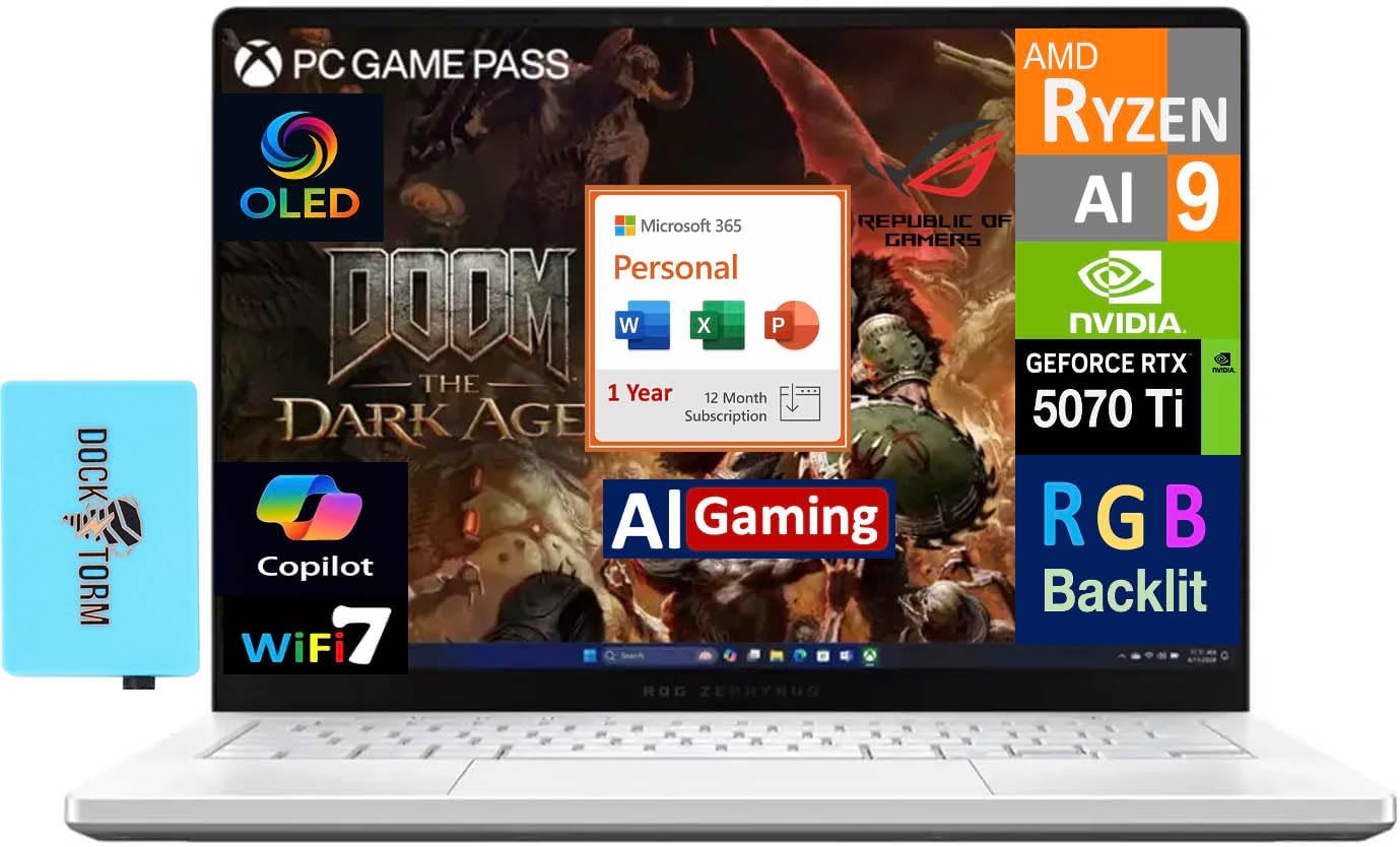 ASUS ROG Zephyrus AI Gaming Laptop 14.0' 120Hz OLED 2.8K Display (AMD Ryzen AI 9 HX 370, GeForce RTX 5070 Ti 12GB, 32GB LPDDR5X, Win 11 Pro) with MS 365 Personal, DKZ USB Port Expander