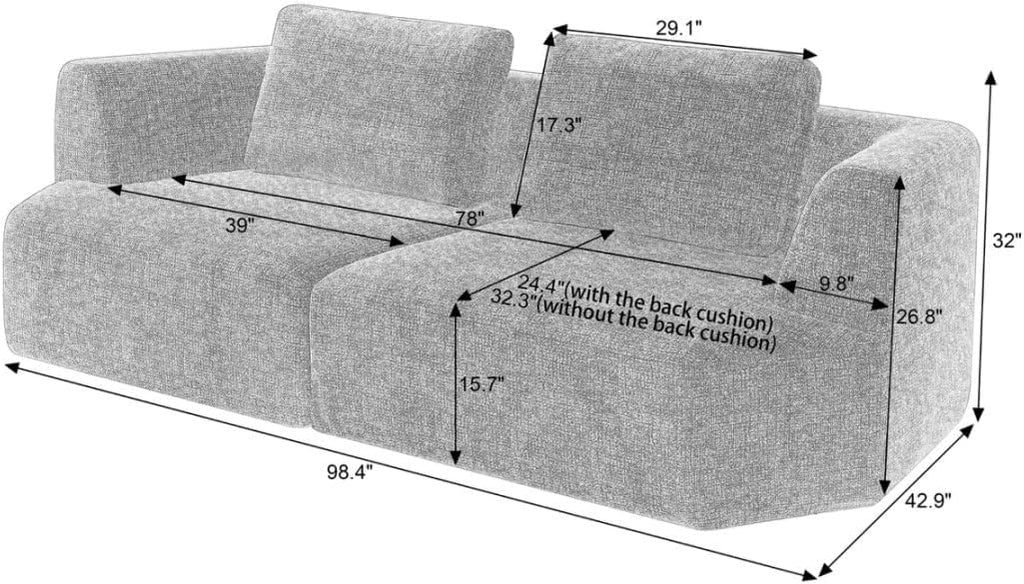 Sofa in a Box Oversized 3 Seater Memory Foam Boneless Couch w/Curved Arms,Plush Chenille Upholstered Cloud Modular Loveseat,No Assembly Needed Compression Sofa