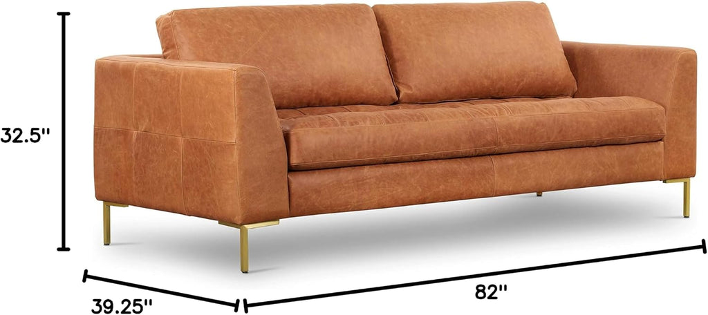 Poly & BARK Calle 90' Sofa, Full-Grain Pure-Aniline Italian Leather, Cognac Tan, Brass Legs