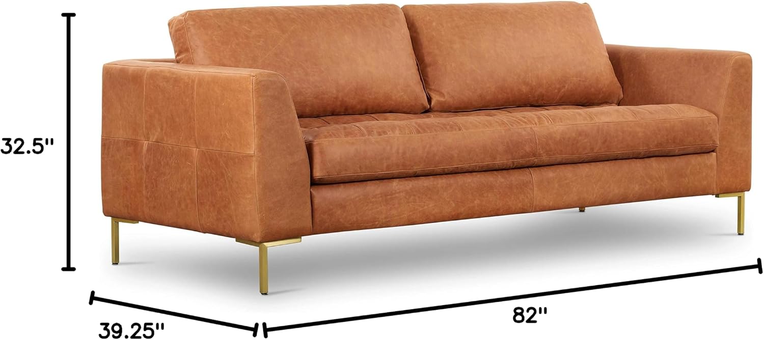 Poly & BARK Calle 90' Sofa, Full-Grain Pure-Aniline Italian Leather, Cognac Tan, Brass Legs