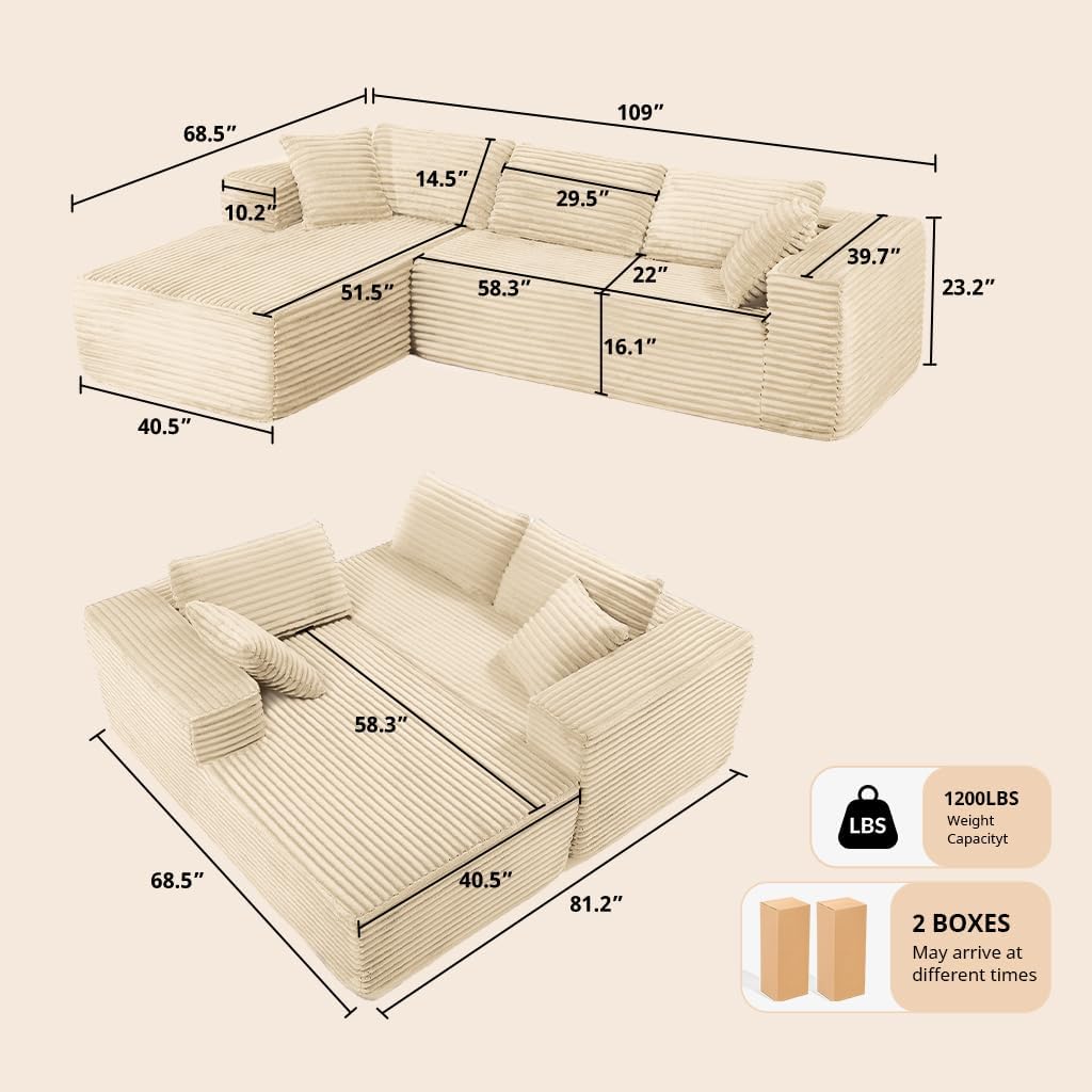 COMHOMA 105'Modular Sectional Sofa with Deep Seat,Cloud Upholstered L-Shape Couch Wide Arms Corduroy Fabric High-Density Foam Chaise Lounge for Living Room No Assembly Required