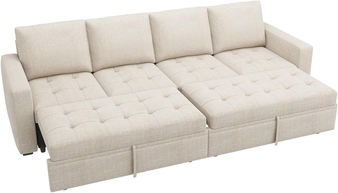 HONBAY Modular Sectional Sleeper Sofa with Pull Out Bed, Linen Convertible Sectional Couches for Living Room,Beige