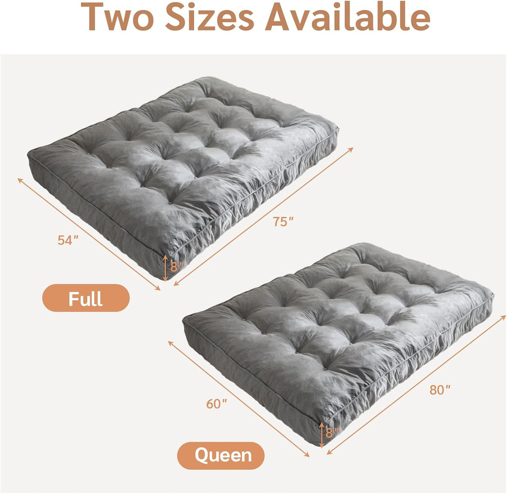 YOSHOOT 8 Inches Futon Mattress Full Size, Thick Futons Sofa Couch Bed, Floor Mattress for Adults, Shredded Foam Filling, Medium Firm(Frame Not Included), Grey, 54'x75'