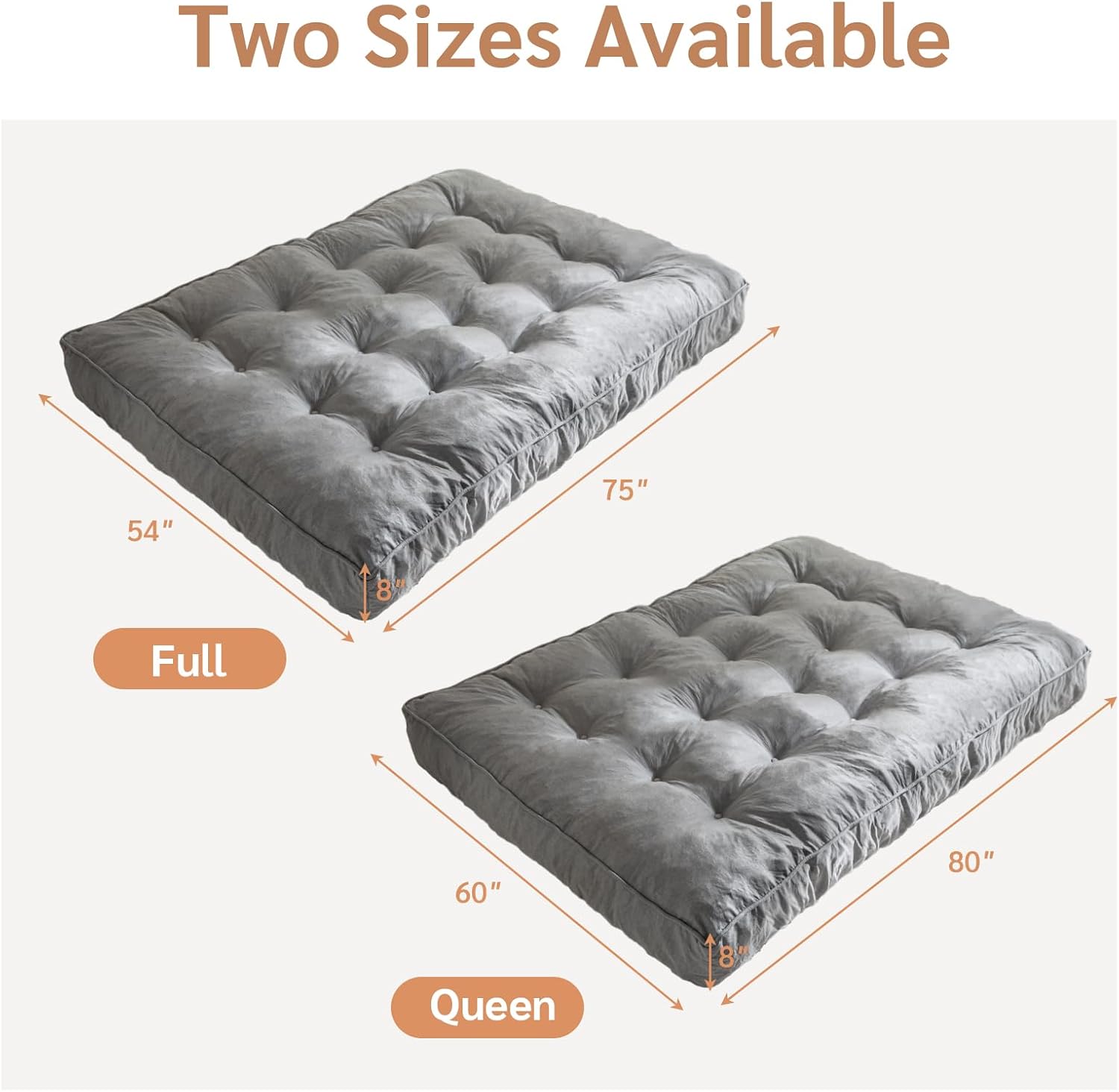 YOSHOOT 8 Inches Futon Mattress Full Size, Thick Futons Sofa Couch Bed, Floor Mattress for Adults, Shredded Foam Filling, Medium Firm(Frame Not Included), Grey, 54'x75'