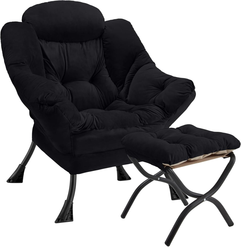 Lazy Chair with Folding Ottoman Modern Large Accent Chair,Contemporary Lounge Leisure Sofa Chair with Armrests Upholstered Sofa Armchair Reading Chair for Bedroom,Dorm & Office(Black-f)