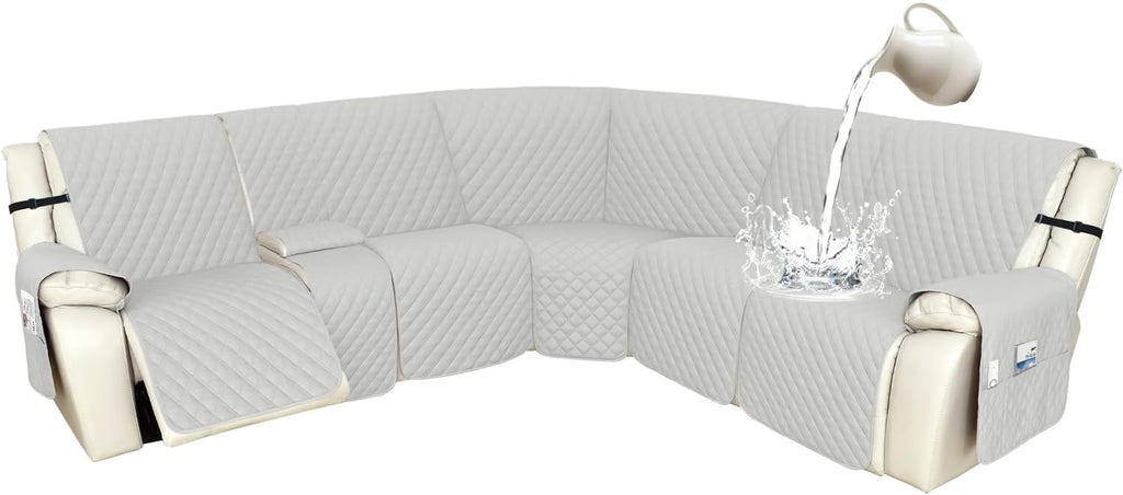 Arfntevss Recliner Sectional Couch Covers 1OO% Waterproof L Shape Sofa Cover for Reclining L Shaped Sectional Slipcover Dog Washable Corner Non Slip Protector (5 Seater with 1 Console, Light Gray)