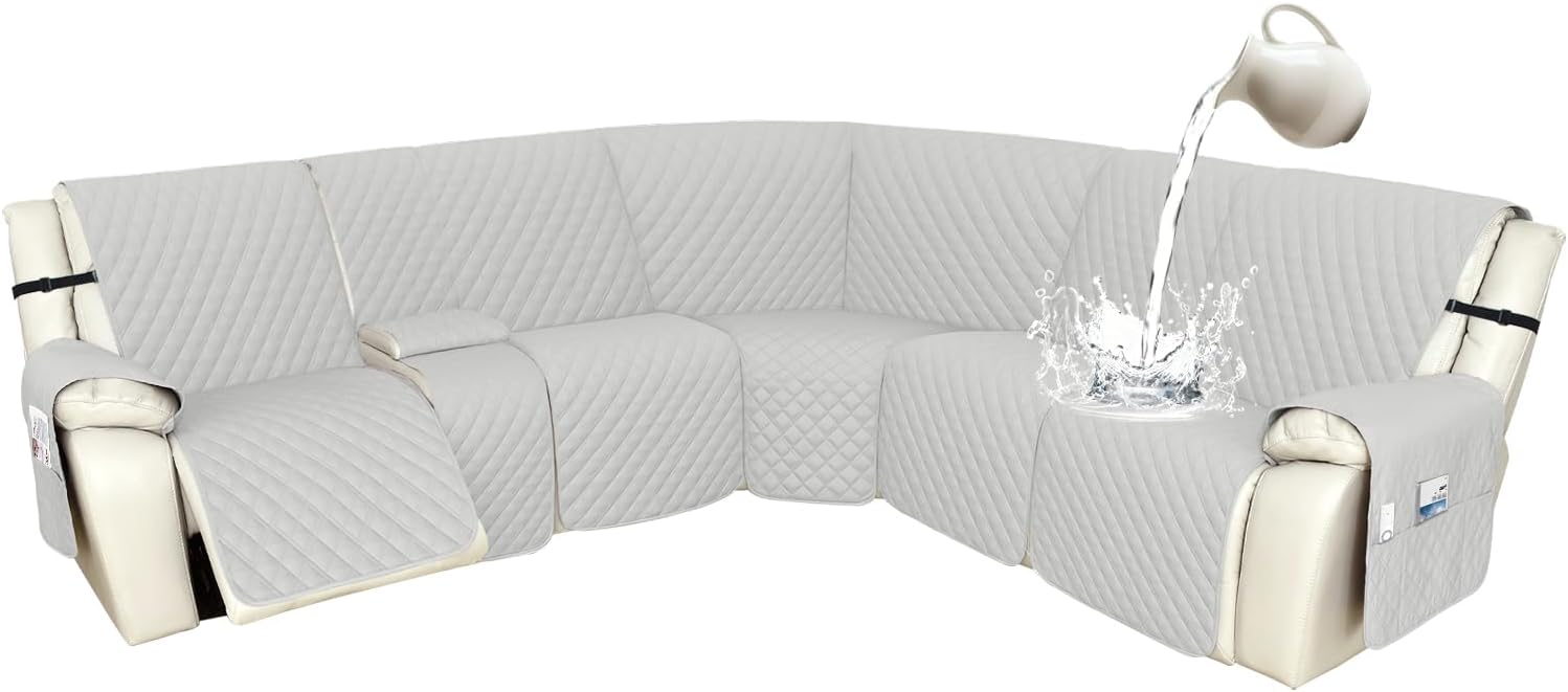 Arfntevss Recliner Sectional Couch Covers 1OO% Waterproof L Shape Sofa Cover for Reclining L Shaped Sectional Slipcover Dog Washable Corner Non Slip Protector (5 Seater with 1 Console, Light Gray)