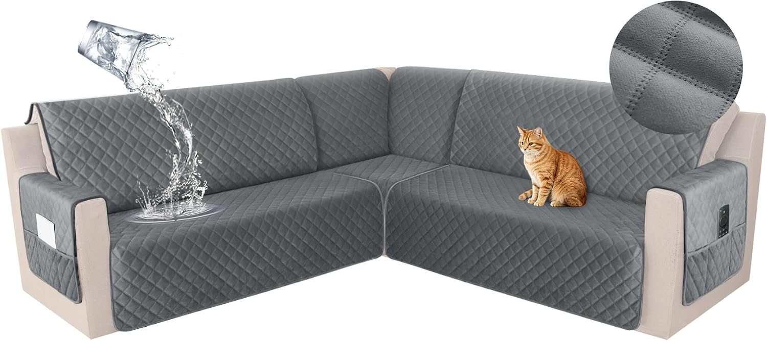 HDCAXKJ Waterproof Corner Sectional Couch Cover Velvet L Shape Sofa Covers for Pets Dogs Soft Heavy Duty U Shaped Sofa Slipcovers Sets for Sectional Non Slip Furniture Protector (Dark Gray, Small)