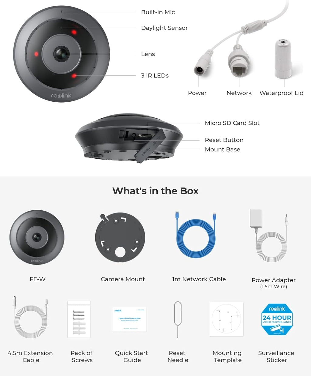 REOLINK WiFi Security Fisheye Camera, 2K+ 6MP 360° Panorama, 2.4/5GHz WiFi Indoor Wireless Security Camera, Person Motion Detection, Supports up to 512GB microSD, Ceiling/Wall/Desk Mount, FE-W (Black)