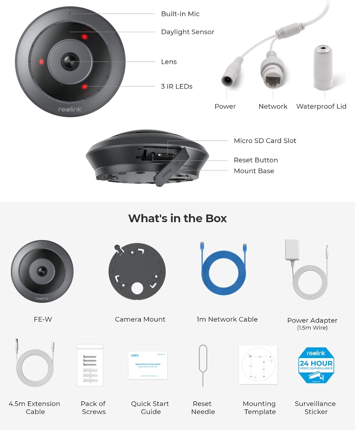REOLINK WiFi Security Fisheye Camera, 2K+ 6MP 360° Panorama, 2.4/5GHz WiFi Indoor Wireless Security Camera, Person Motion Detection, Supports up to 512GB microSD, Ceiling/Wall/Desk Mount, FE-W (Black)