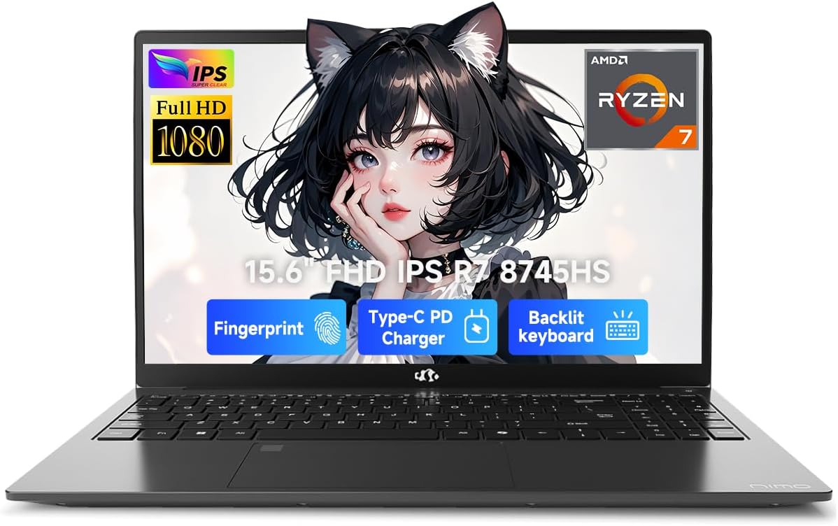 NIMO 15.6' IPS FHD-Gaming-Laptop, AMD Ryzen 7 8745HS 64GB DDR5 RAM 2TB SSD (up to 4.9GHz) Radeon 780M Graphics Business Computer with 100W Type-C Backlit Keyboard, Fingerprint USB-C 4.0