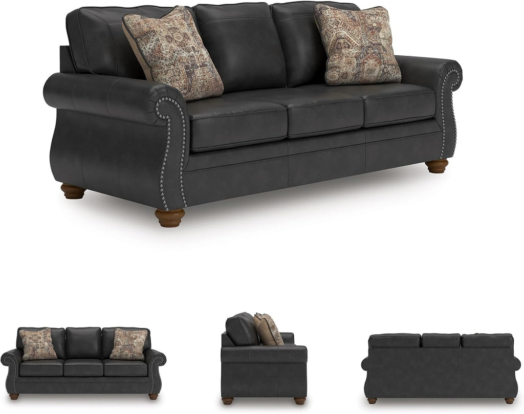 Signature Design by Ashley Chatterton Rustic Faux Leather Queen Sofa Sleeper with Bi-Fold Memory Foam Mattress, Nailhead Trim and 2 Throw Pillows, Queen, Black